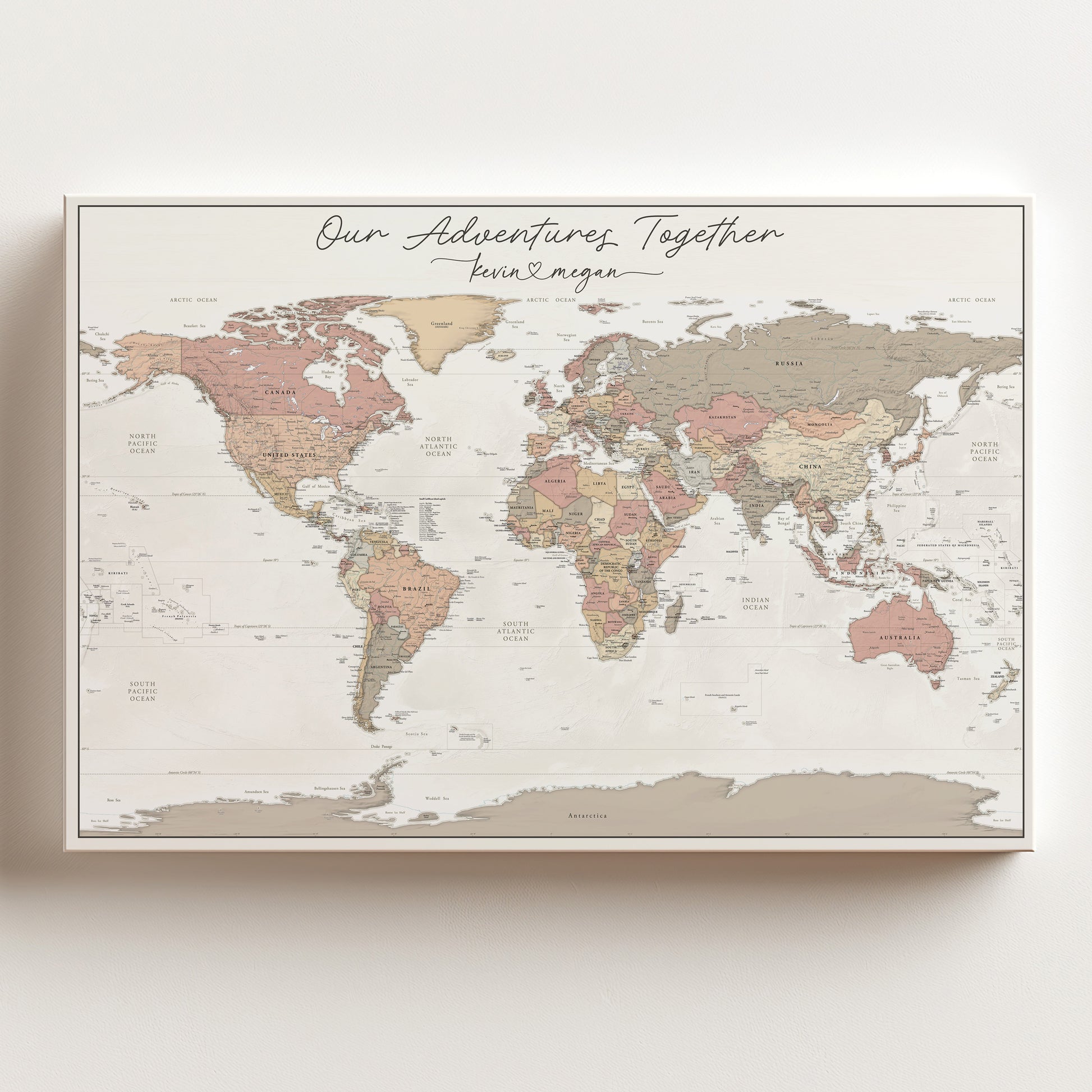 Romantic style World map to track world travels of couples to push pins where they have traveled. Names connected by a heart