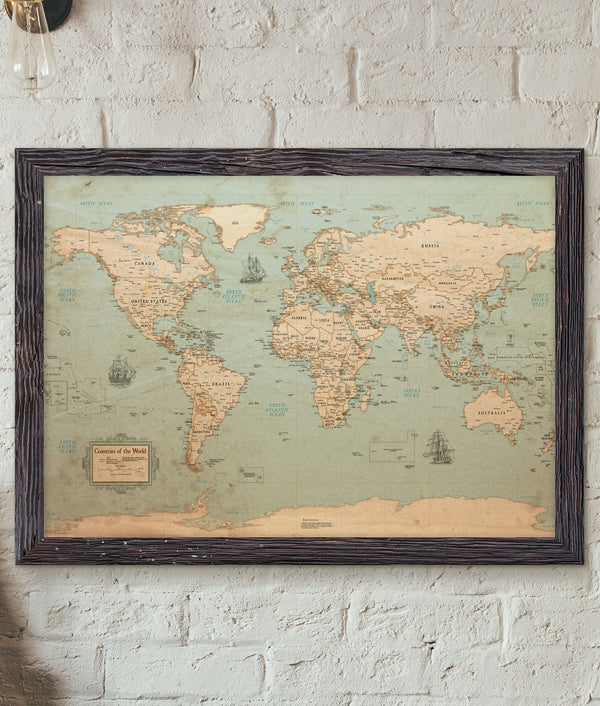 World Map - Rustic Style | Uncustomized | Old Style Wall Map | Map Decor