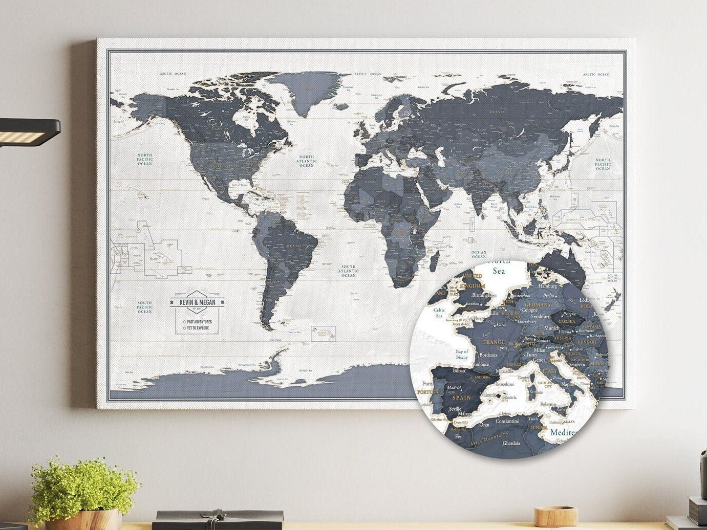 Push Pin Travel Map with Pins - Azure - Dark Blue - 24x36" or 24x16" Travel Map Canvas Pin Board