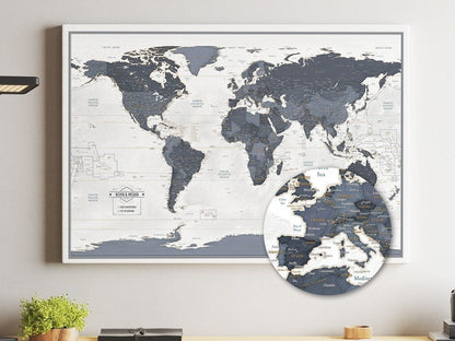 Push Pin Travel Map with Pins - Azure - Dark Blue - 24x36" or 24x16" Travel Map Canvas Pin Board