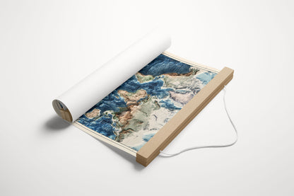 Physical Map of the World - 3D Relief Oceans and Geology Realistic render of the world - Terrain map - Poster Print