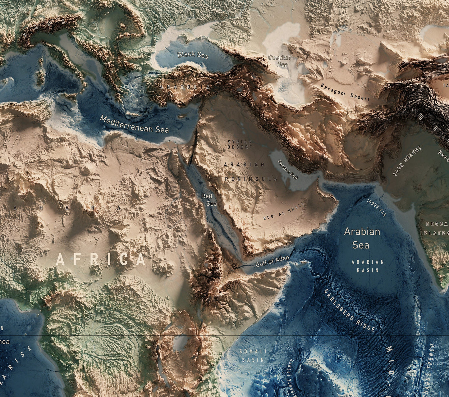 Physical Map of the World - 3D Relief Oceans and Geology Realistic render of the world - Terrain map - Poster Print