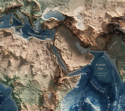 Physical Map of the World - 3D Relief Oceans and Geology Realistic render of the world - Terrain map - Poster Print