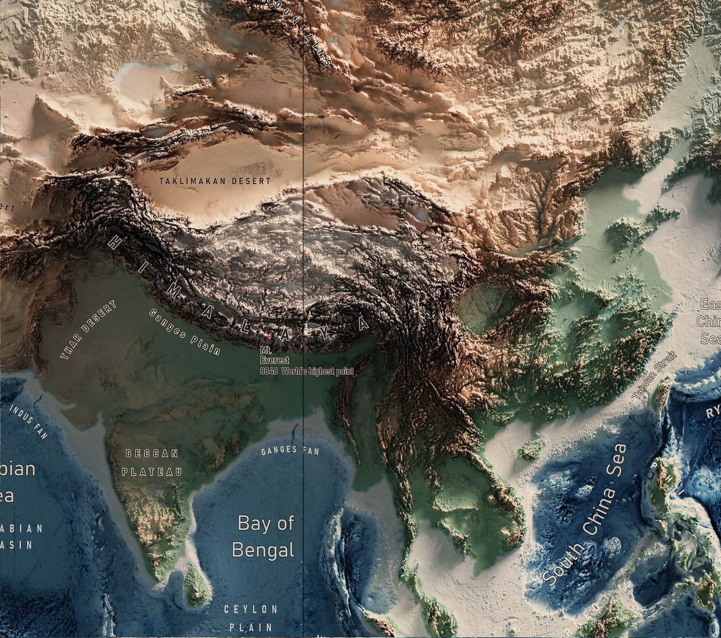 Physical Map of the World - 3D Relief Oceans and Geology Realistic render of the world - Terrain map - Poster Print