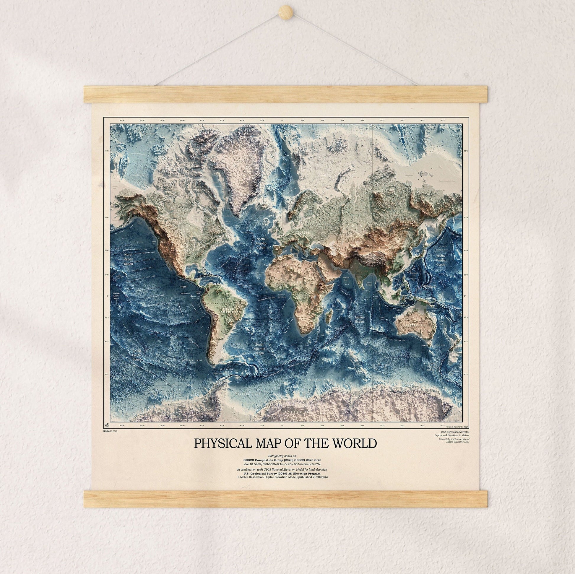 Physical Map of the World - 3D Relief Oceans and Geology Realistic render of the world - Terrain map - Poster Print