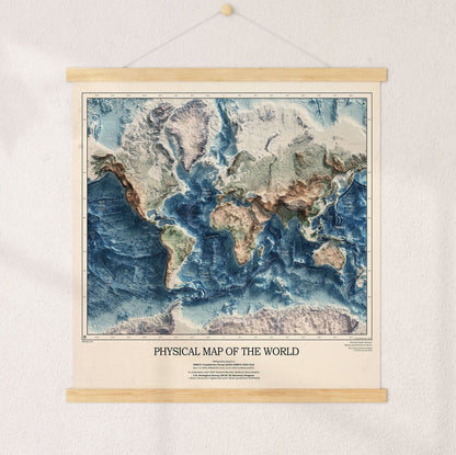 Physical Map of the World - 3D Relief Oceans and Geology Realistic render of the world - Terrain map - Poster Print