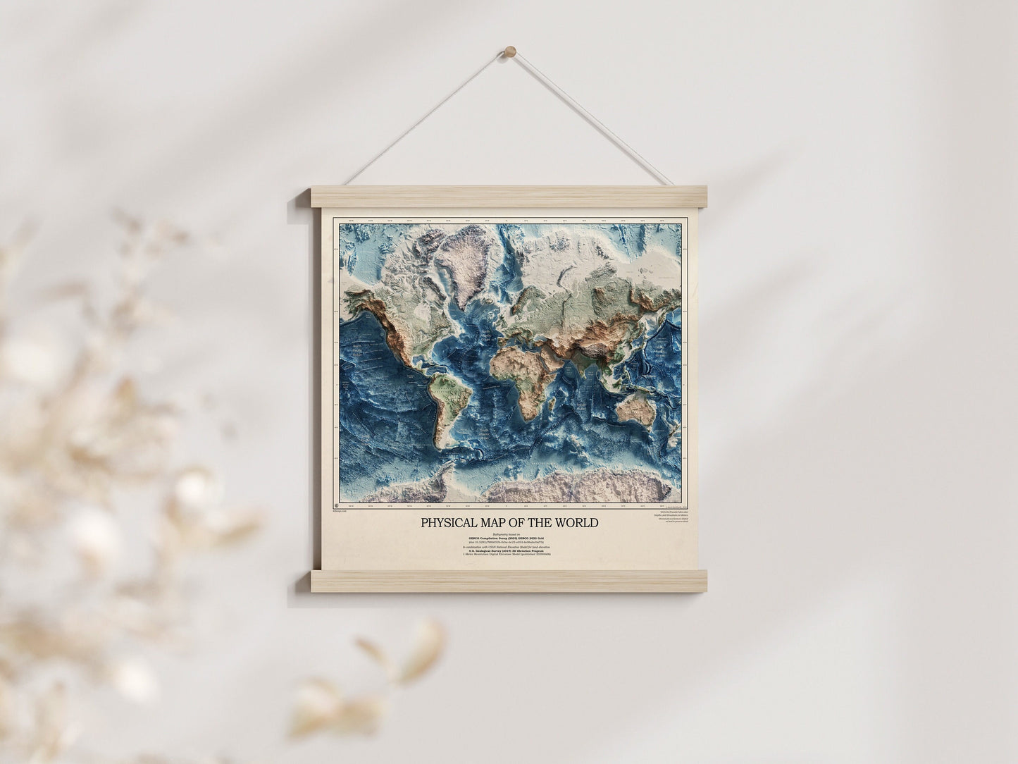 Physical Map of the World - 3D Relief Oceans and Geology Realistic render of the world - Terrain map - Poster Print