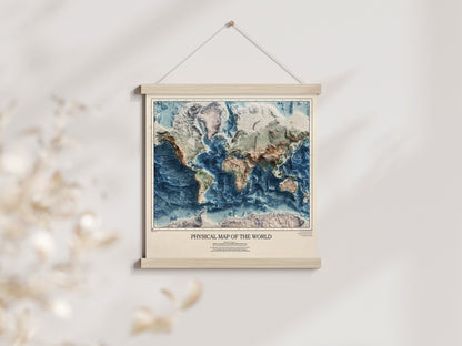 Physical Map of the World - 3D Relief Oceans and Geology Realistic render of the world - Terrain map - Poster Print