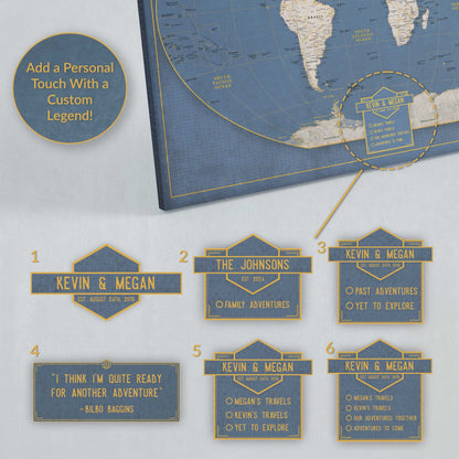 Push Pin World Travel Map: Winkel Tripel Projection Canvas Wall Art