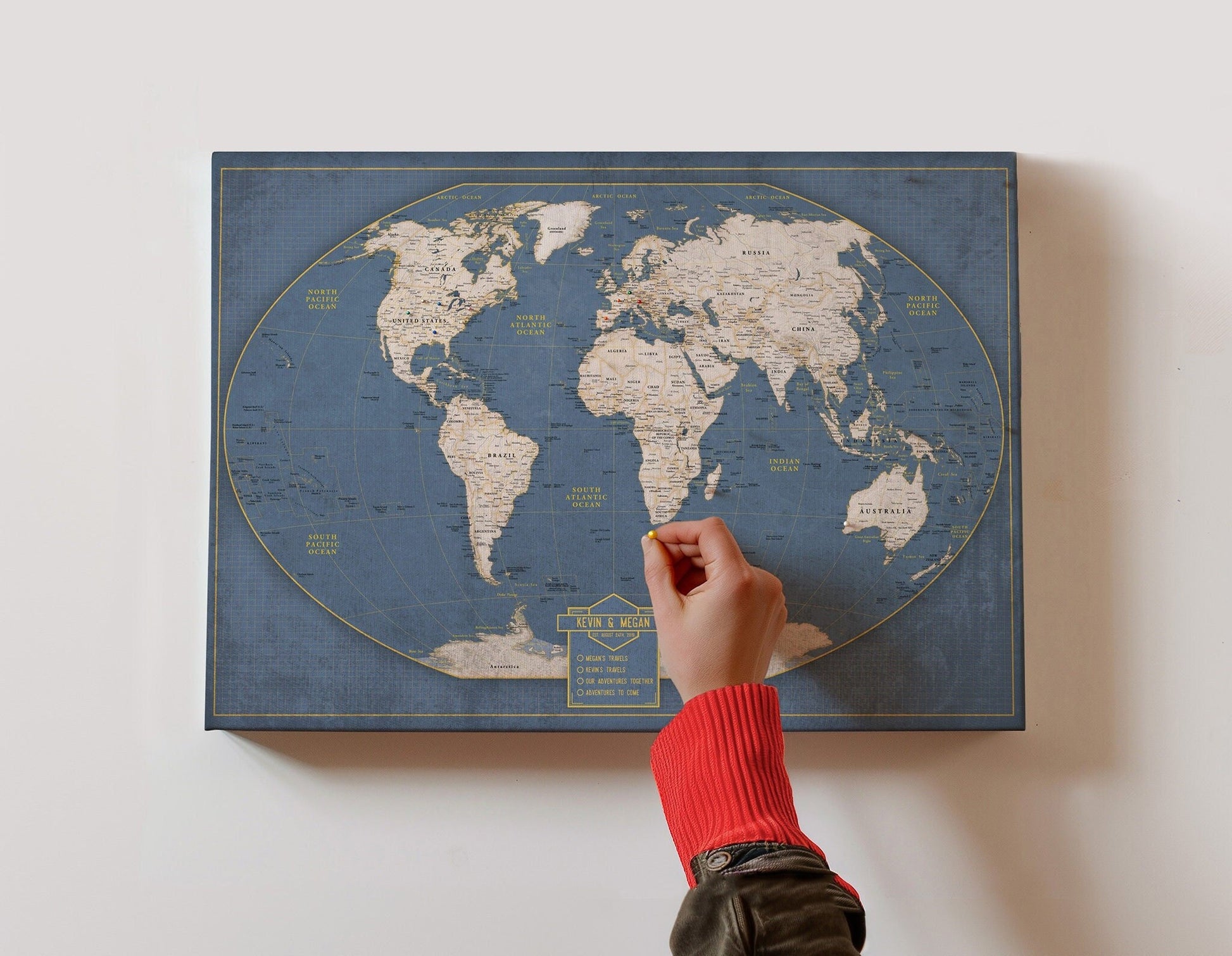 Push Pin World Travel Map: Winkel Tripel Projection Canvas Wall Art