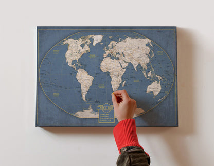 Push Pin World Travel Map: Winkel Tripel Projection Canvas Wall Art
