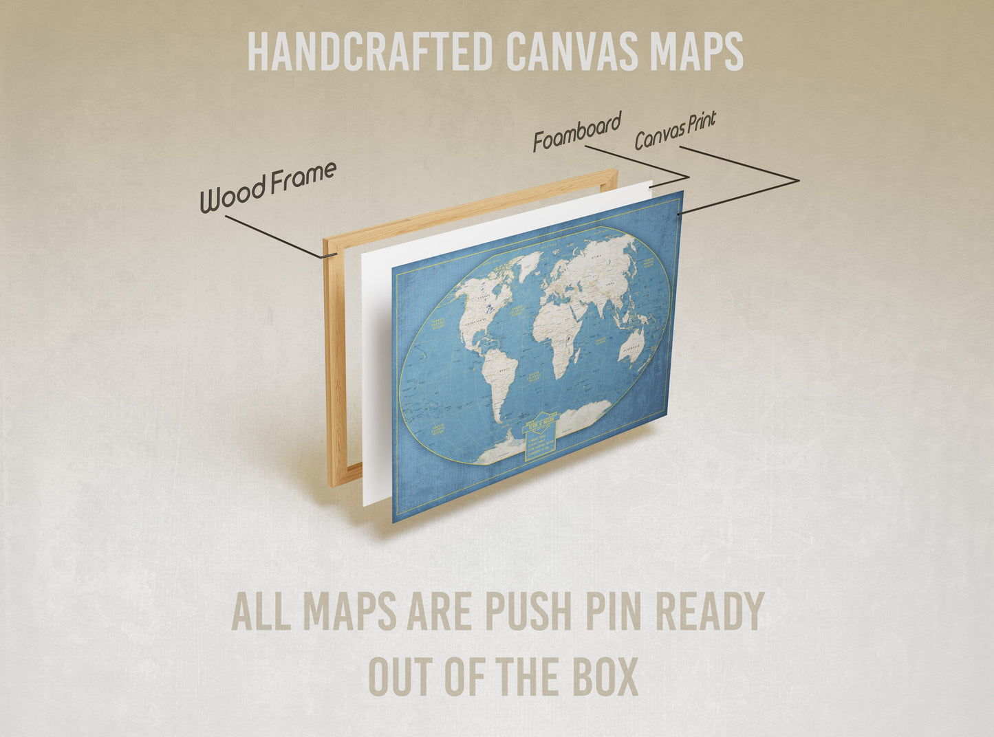 Push Pin World Travel Map: Winkel Tripel Projection Canvas Wall Art