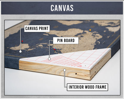 Push Pin World Travel Map: Winkel Tripel Projection Canvas Wall Art