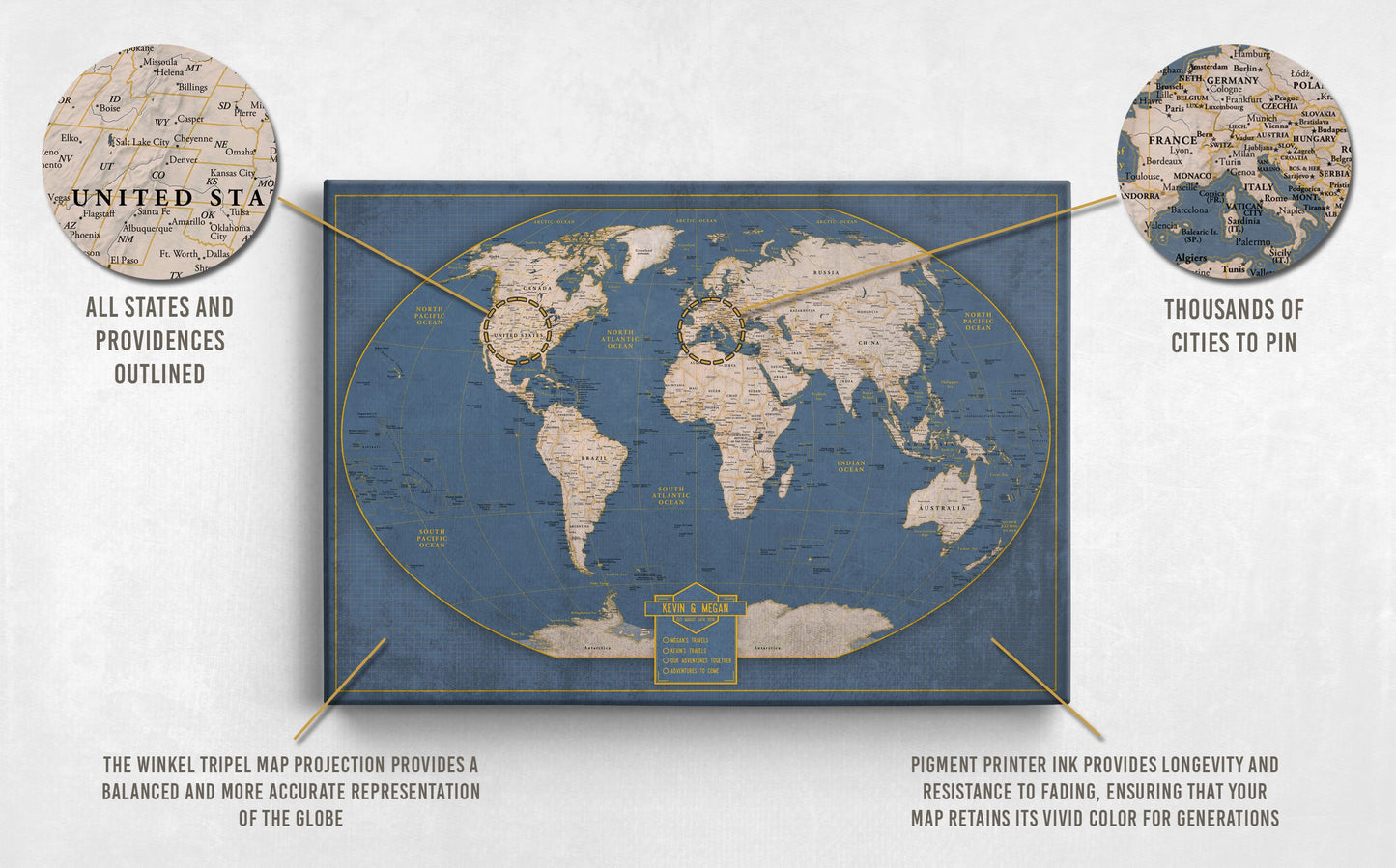 Push Pin World Travel Map: Winkel Tripel Projection Canvas Wall Art