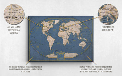 Push Pin World Travel Map: Winkel Tripel Projection Canvas Wall Art