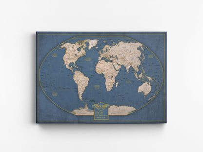 Push Pin World Travel Map: Winkel Tripel Projection Canvas Wall Art