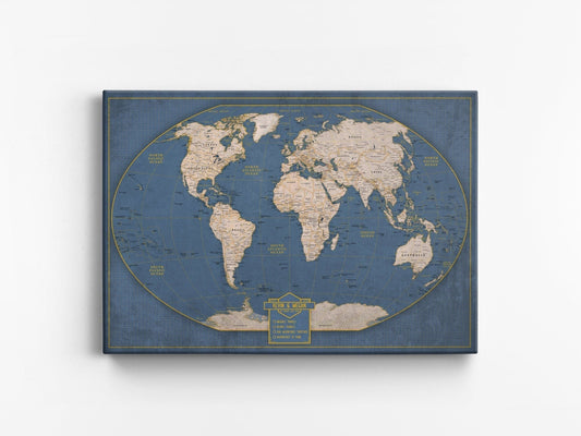 Push Pin World Travel Map: Winkel Tripel Projection Canvas Wall Art