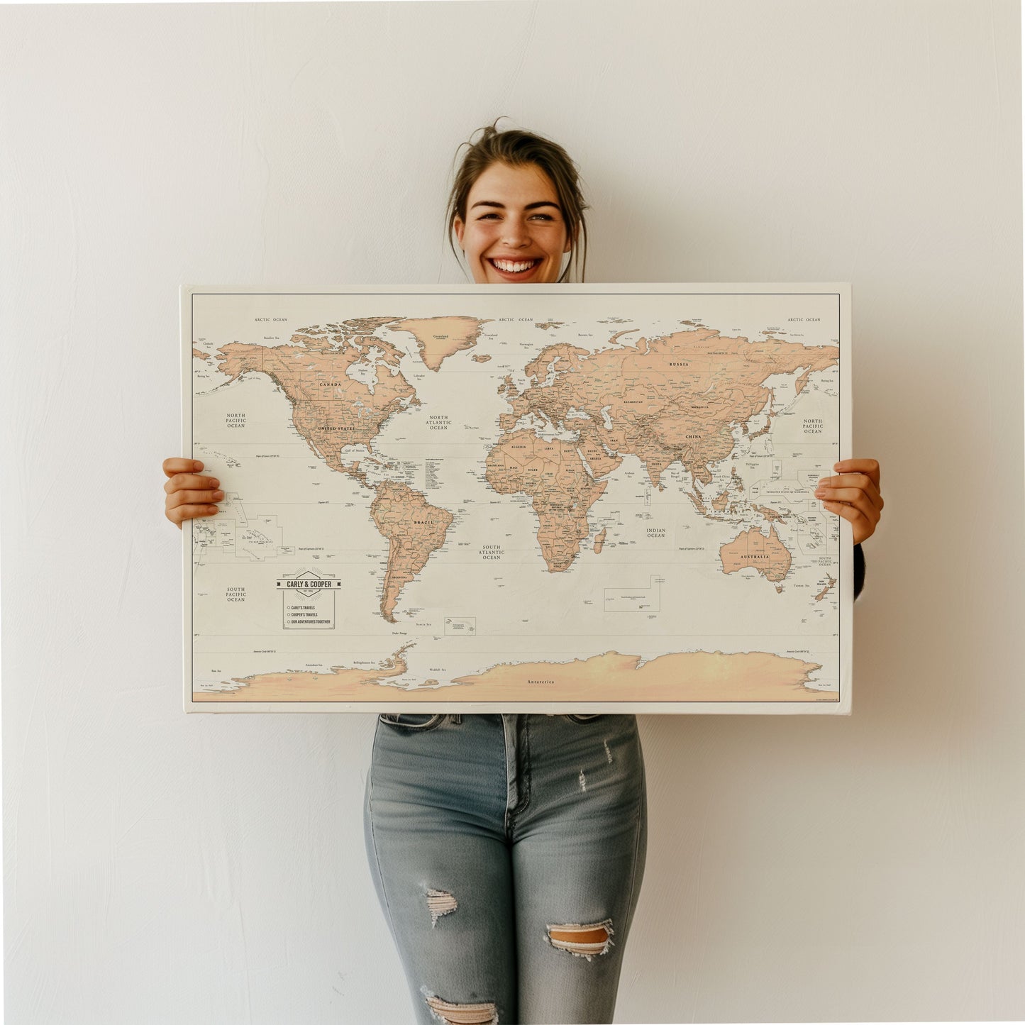 World Push Pin Travel Map with Pins - Classic - 24x36" or 24x16" Travel Map Canvas Pin Board