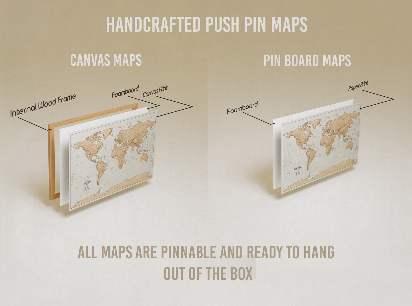 World Push Pin Travel Map with Pins - Classic - 24x36" or 24x16" Travel Map Canvas Pin Board