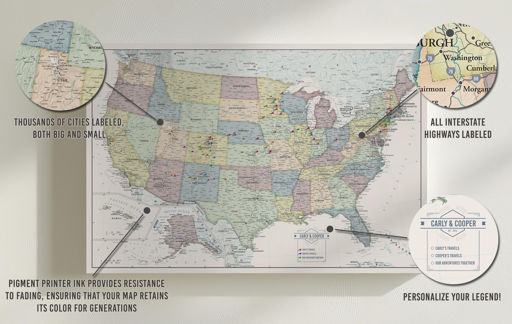 Muted Tones USA Push Pin Travel Map - Personalized US Map - 24x16" or 24x36" - Canvas or Pinboard - Unique Travel Gift