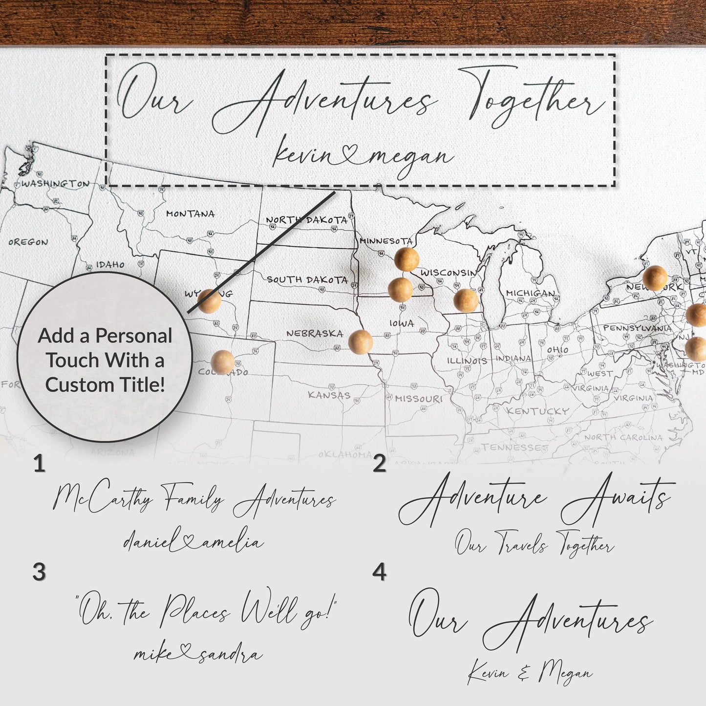 Four personalized title styles for framed USA push pin map, including Heartstrings font with names connected by a heart. Customizable options like 'Adventure Awaits' or 'Our Journey Together' for tracking travels.