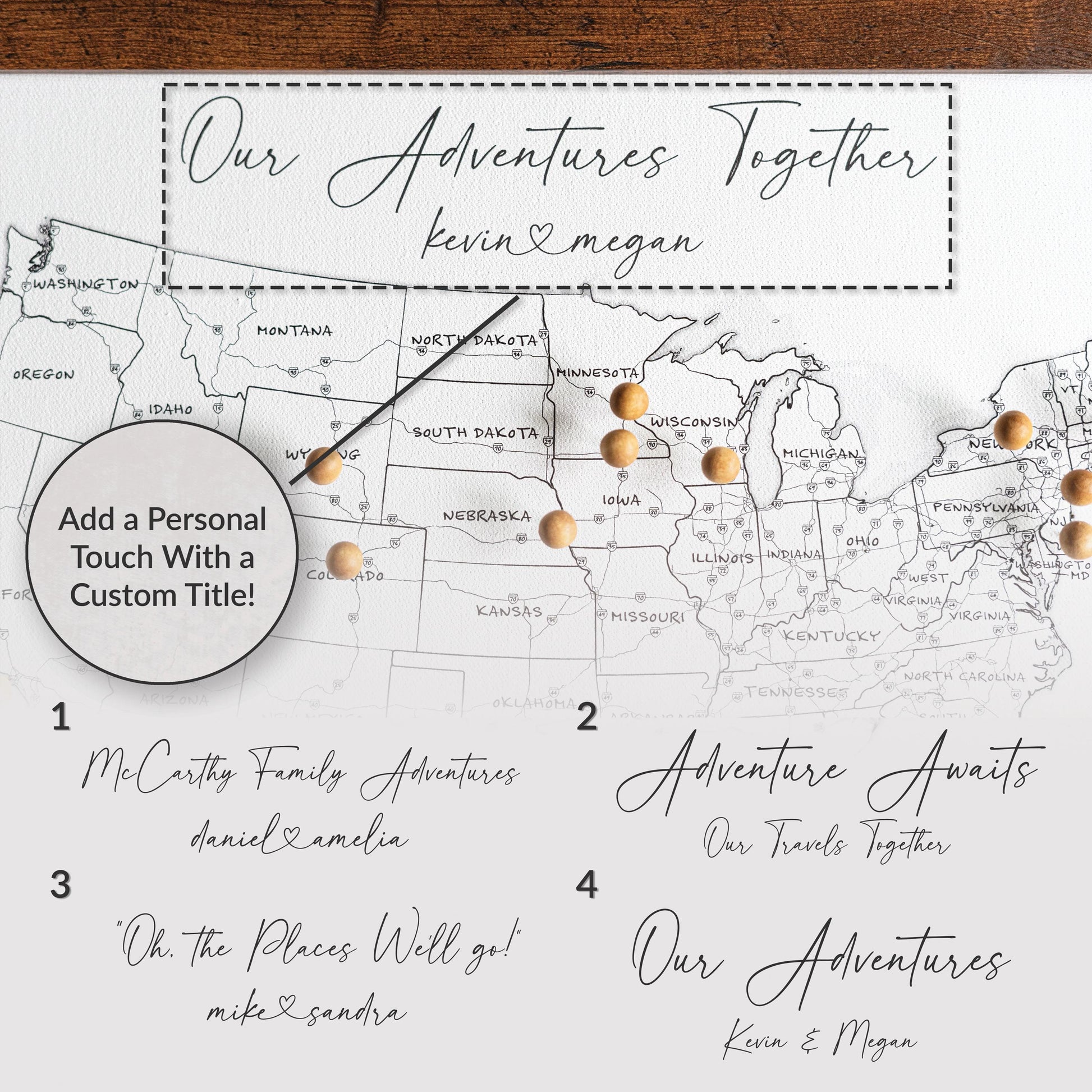 Four personalized title styles for framed USA push pin map, including Heartstrings font with names connected by a heart. Customizable options like 'Adventure Awaits' or 'Our Journey Together' for tracking travels.