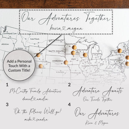 Four personalized title styles for framed USA push pin map, including Heartstrings font with names connected by a heart. Customizable options like 'Adventure Awaits' or 'Our Journey Together' for tracking travels.