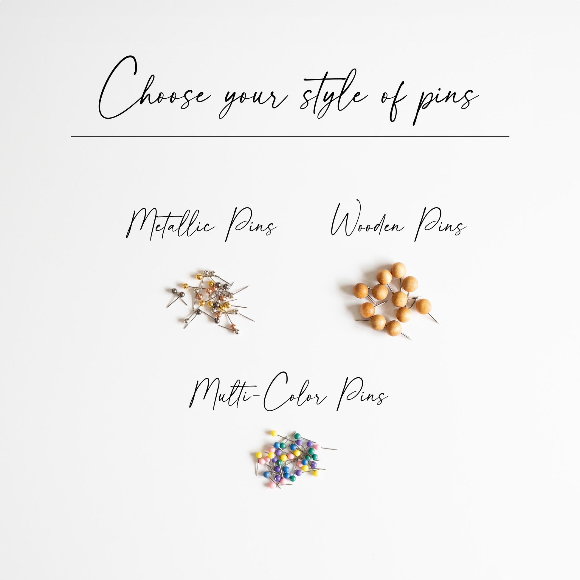 Three types of pins for framed USA push pin map on white background: plastic multi-color pins, wooden pins, and metallic pins (gold, rose gold, silver, and dark silver). Choose your preferred style for tracking travels