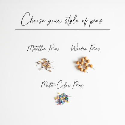 Three types of pins for framed USA push pin map on white background: plastic multi-color pins, wooden pins, and metallic pins (gold, rose gold, silver, and dark silver). Choose your preferred style for tracking travels