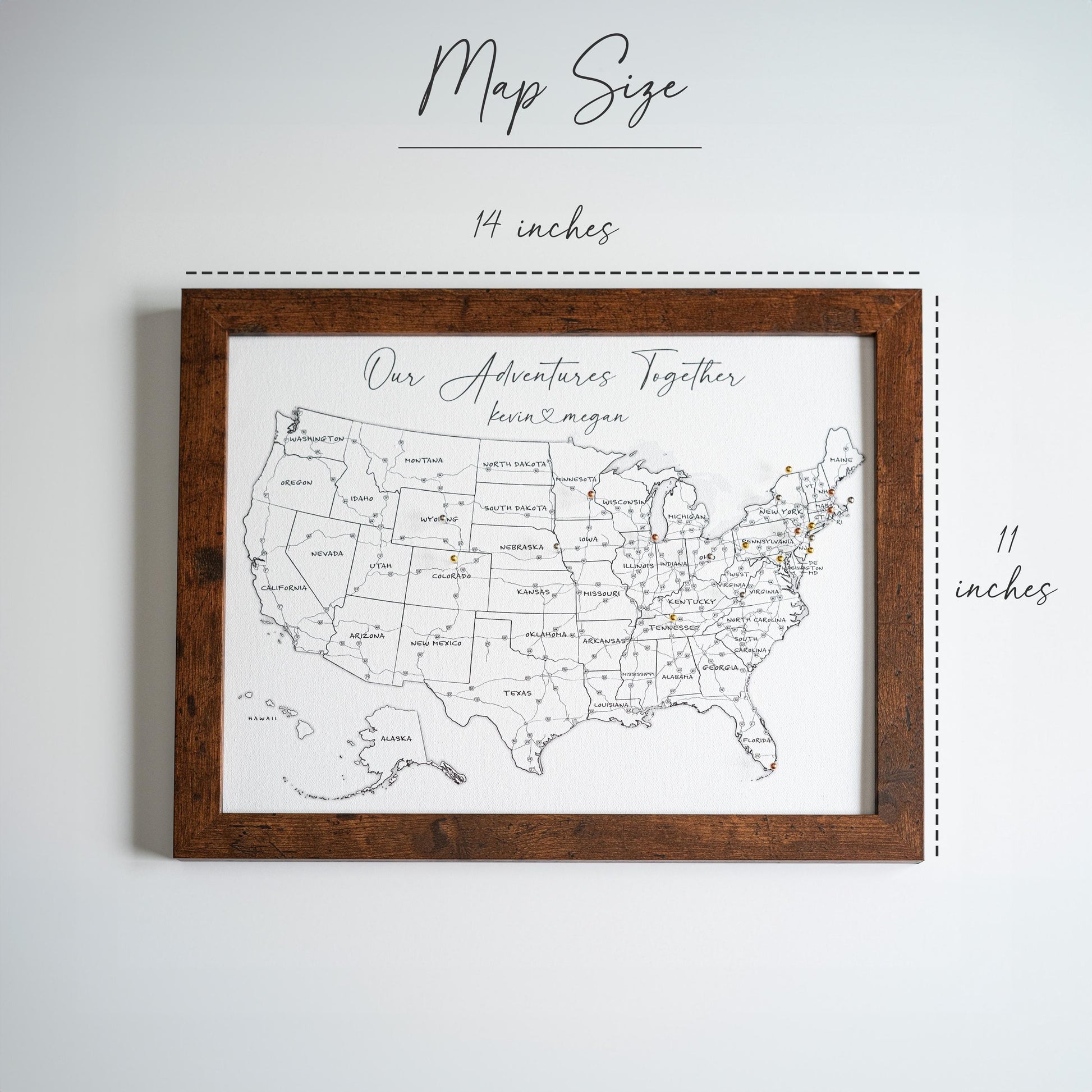 Framed 11x14" USA push pin map on white background with measurements displayed along the top and side, showing 14 inches by 11 inches dimensions.