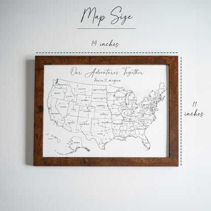 Framed 11x14" USA push pin map on white background with measurements displayed along the top and side, showing 14 inches by 11 inches dimensions.