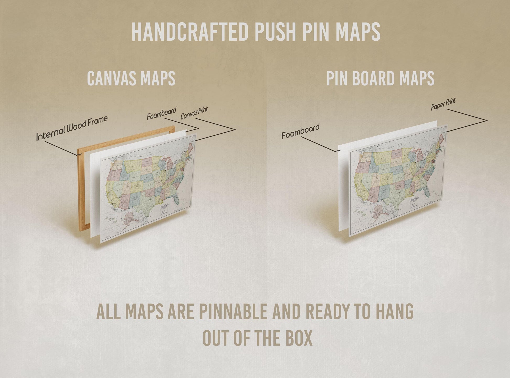 Heartstrings USA Push Pin Travel Map - Personalized US Map - 24x16" or 24x36" - Canvas or Pinboard - Unique Travel Gift