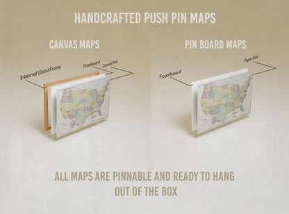 Heartstrings USA Push Pin Travel Map - Personalized US Map - 24x16" or 24x36" - Canvas or Pinboard - Unique Travel Gift