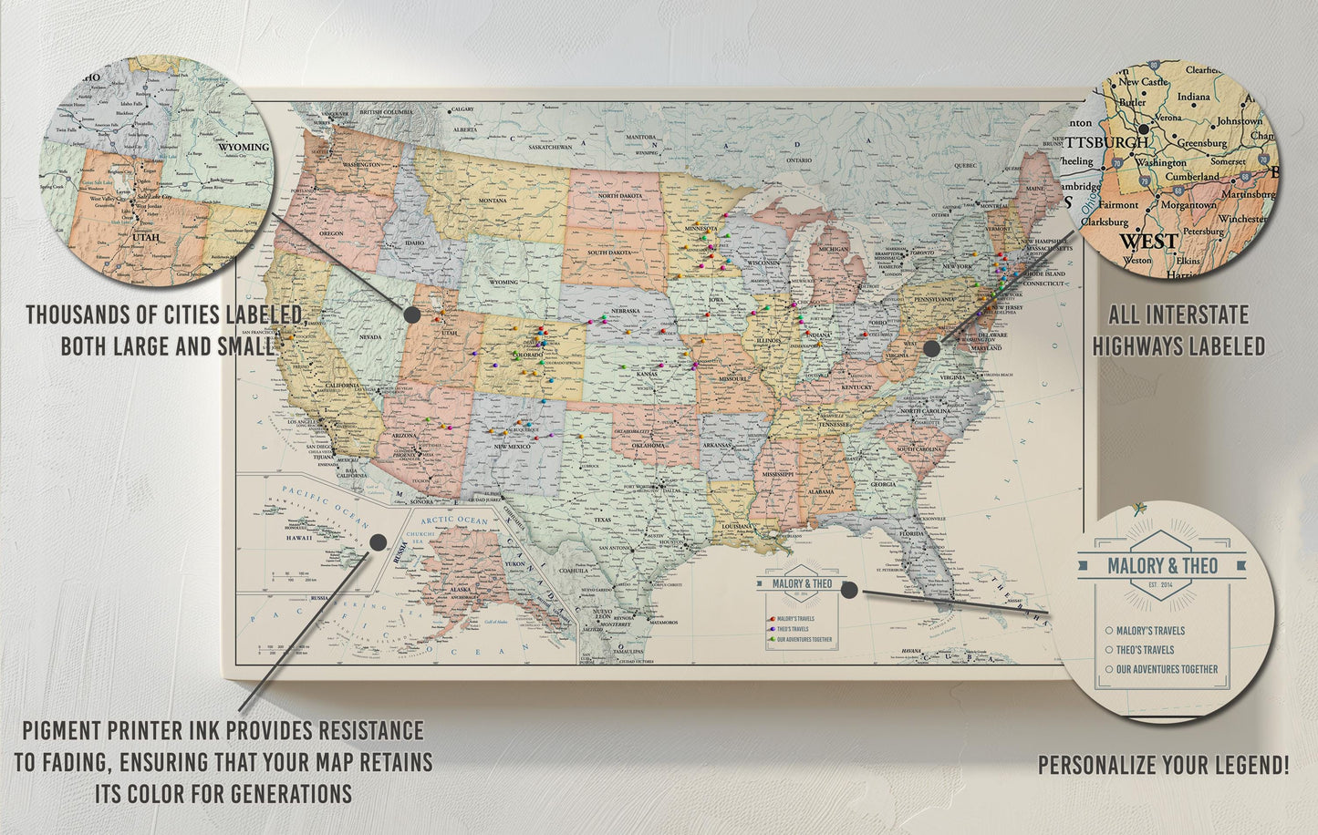 Vibrant USA Push Pin Travel Map - Personalized US Map - 24x16" or 24x36" - Canvas or Pinboard - Unique Travel Gift