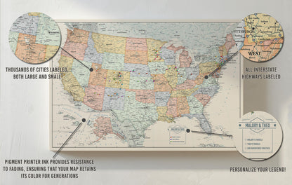 Vibrant USA Push Pin Travel Map - Personalized US Map - 24x16" or 24x36" - Canvas or Pinboard - Unique Travel Gift
