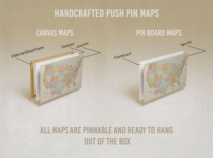 Vibrant USA Push Pin Travel Map - Personalized US Map - 24x16" or 24x36" - Canvas or Pinboard - Unique Travel Gift