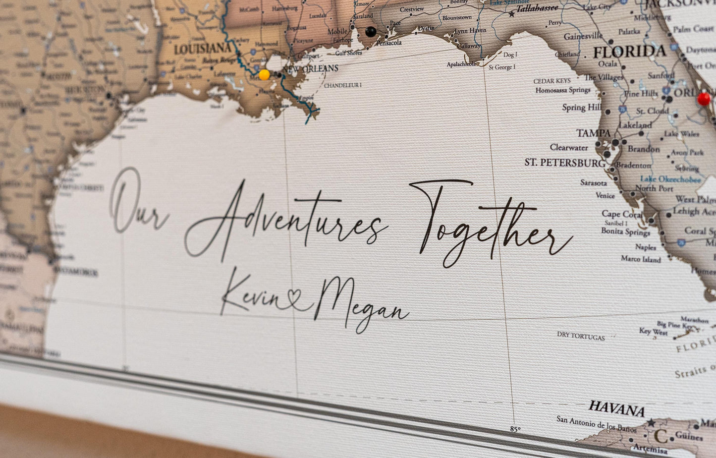 Heartstrings USA Push Pin Travel Map - Personalized US Map - 24x16" or 24x36" - Canvas or Pinboard - Unique Travel Gift