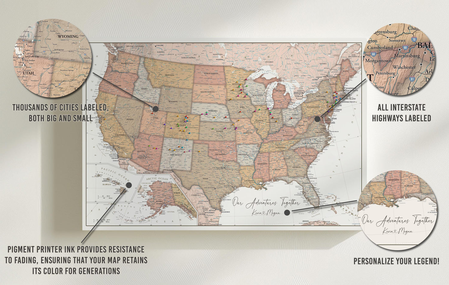 Heartstrings USA Push Pin Travel Map - Personalized US Map - 24x16" or 24x36" - Canvas or Pinboard - Unique Travel Gift