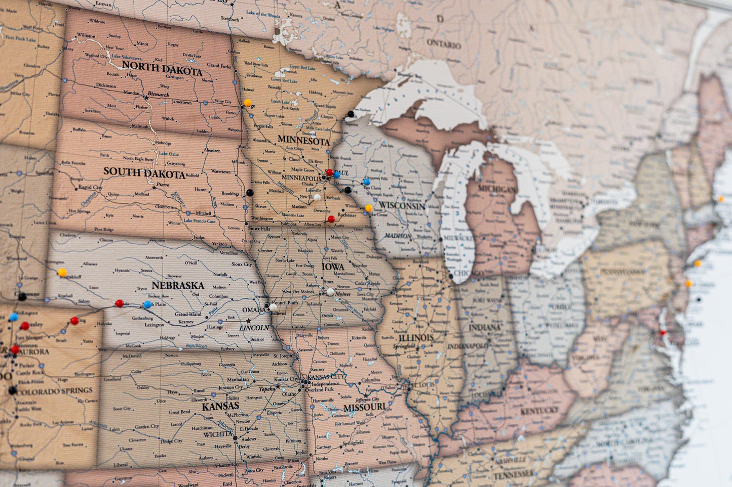 Heartstrings USA Push Pin Travel Map - Personalized US Map - 24x16" or 24x36" - Canvas or Pinboard - Unique Travel Gift