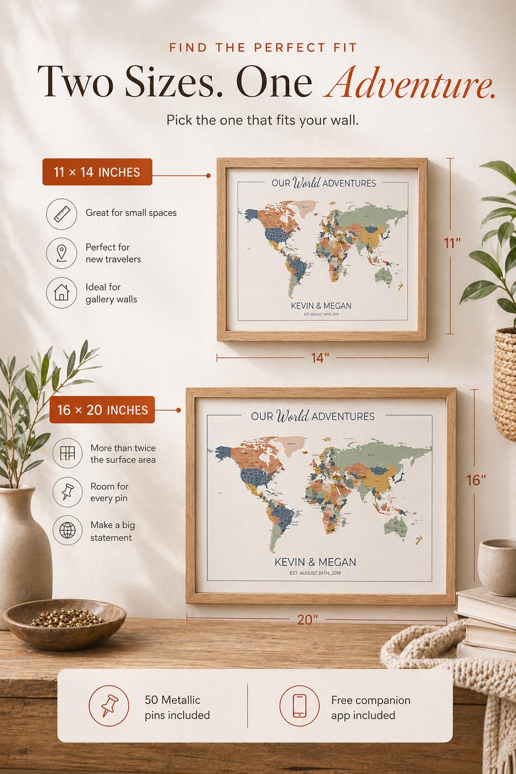 Push Pin World Map with Pins, Personalized Travel Map, Custom World Map Gift for Couples, Anniversary Gift