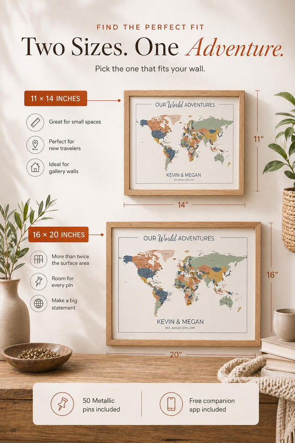 Push Pin World Map with Pins, Personalized Travel Map, Custom World Map Gift for Couples, Anniversary Gift