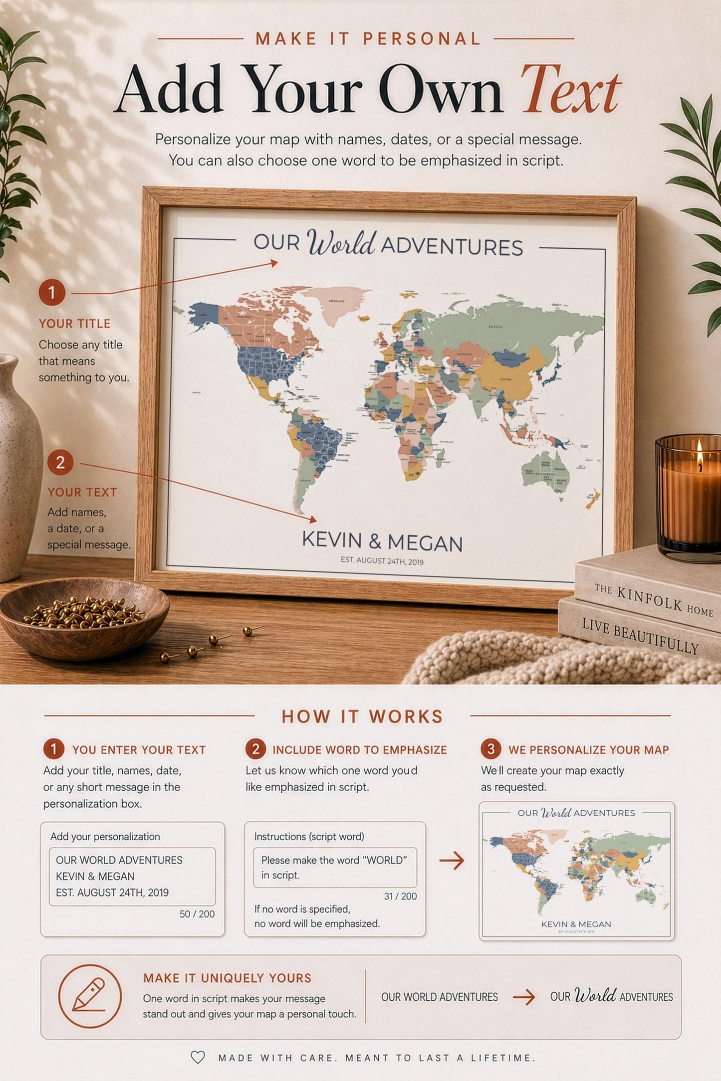 Push Pin World Map with Pins, Personalized Travel Map, Custom World Map Gift for Couples, Anniversary Gift