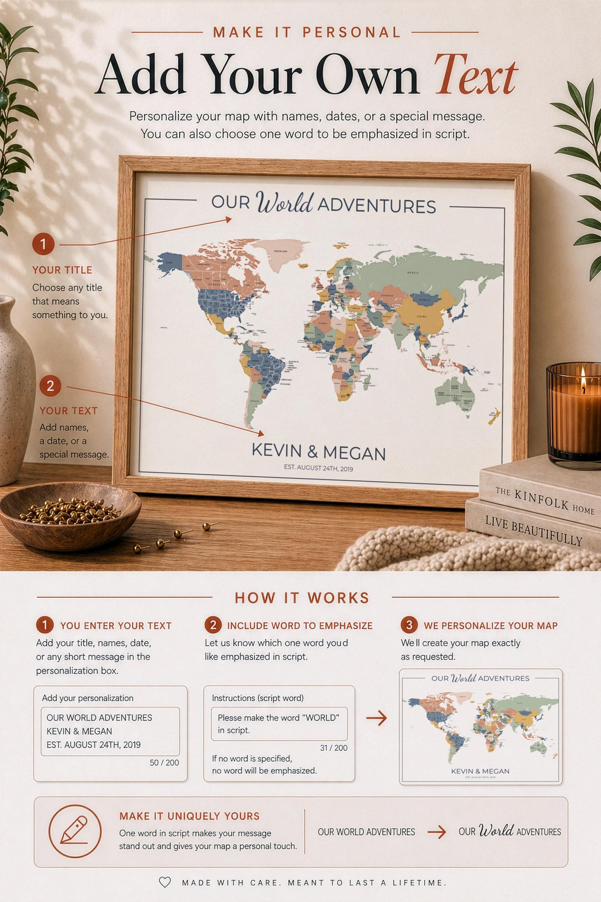 Push Pin World Map with Pins, Personalized Travel Map, Custom World Map Gift for Couples, Anniversary Gift