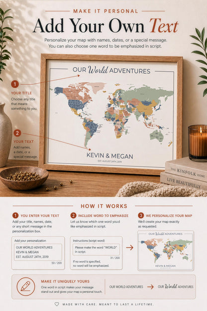 Push Pin World Map with Pins, Personalized Travel Map, Custom World Map Gift for Couples, Anniversary Gift