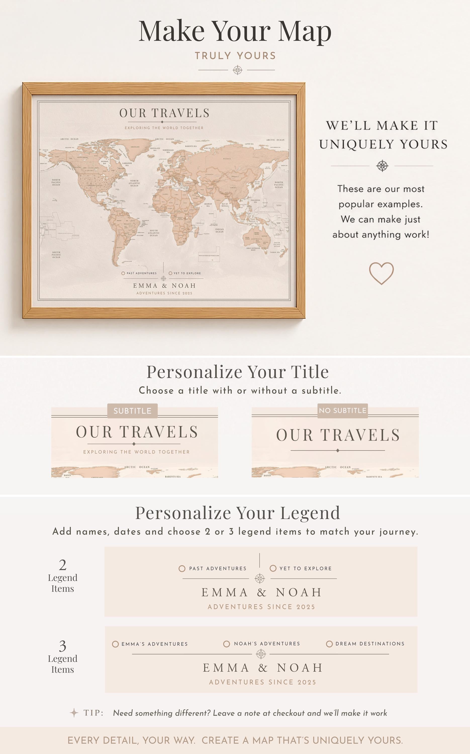 Push Pin World Map – Personalized Framed Travel Map with Pins