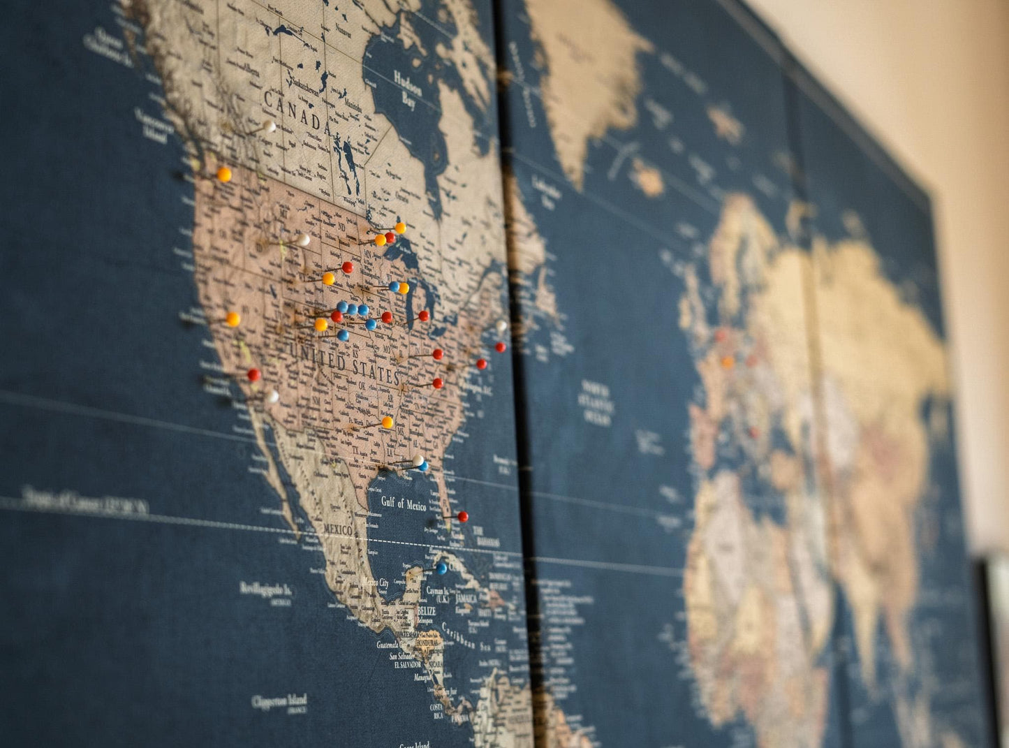 Slated Earth Blue & Gold World Push Pin Map on Premium Canvas - Custom Travel Pinboard with Personalized Legend, Pinnable World Map