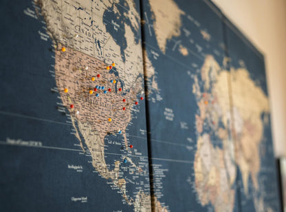 Slated Earth Blue & Gold World Push Pin Map on Premium Canvas - Custom Travel Pinboard with Personalized Legend, Pinnable World Map
