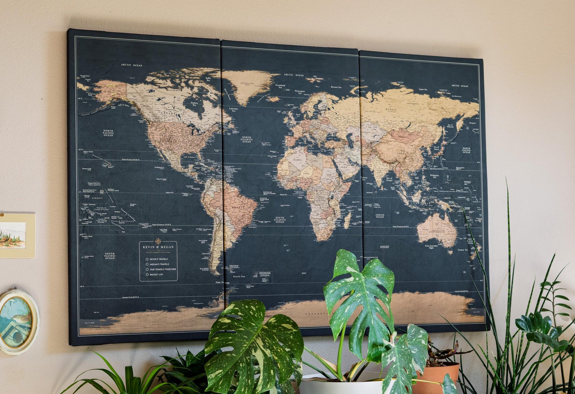 Slated Earth Blue & Gold World Push Pin Map on Premium Canvas - Custom Travel Pinboard with Personalized Legend, Pinnable World Map