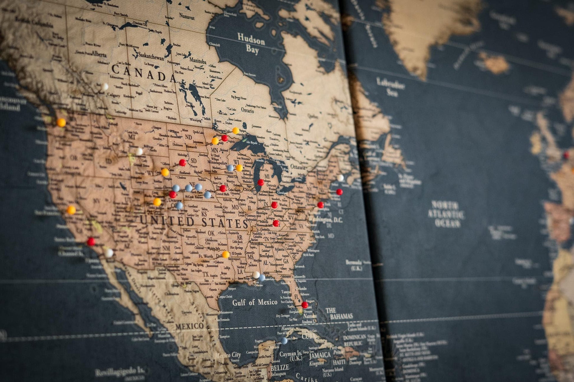Slated Earth Blue & Gold World Push Pin Map on Premium Canvas - Custom Travel Pinboard with Personalized Legend, Pinnable World Map