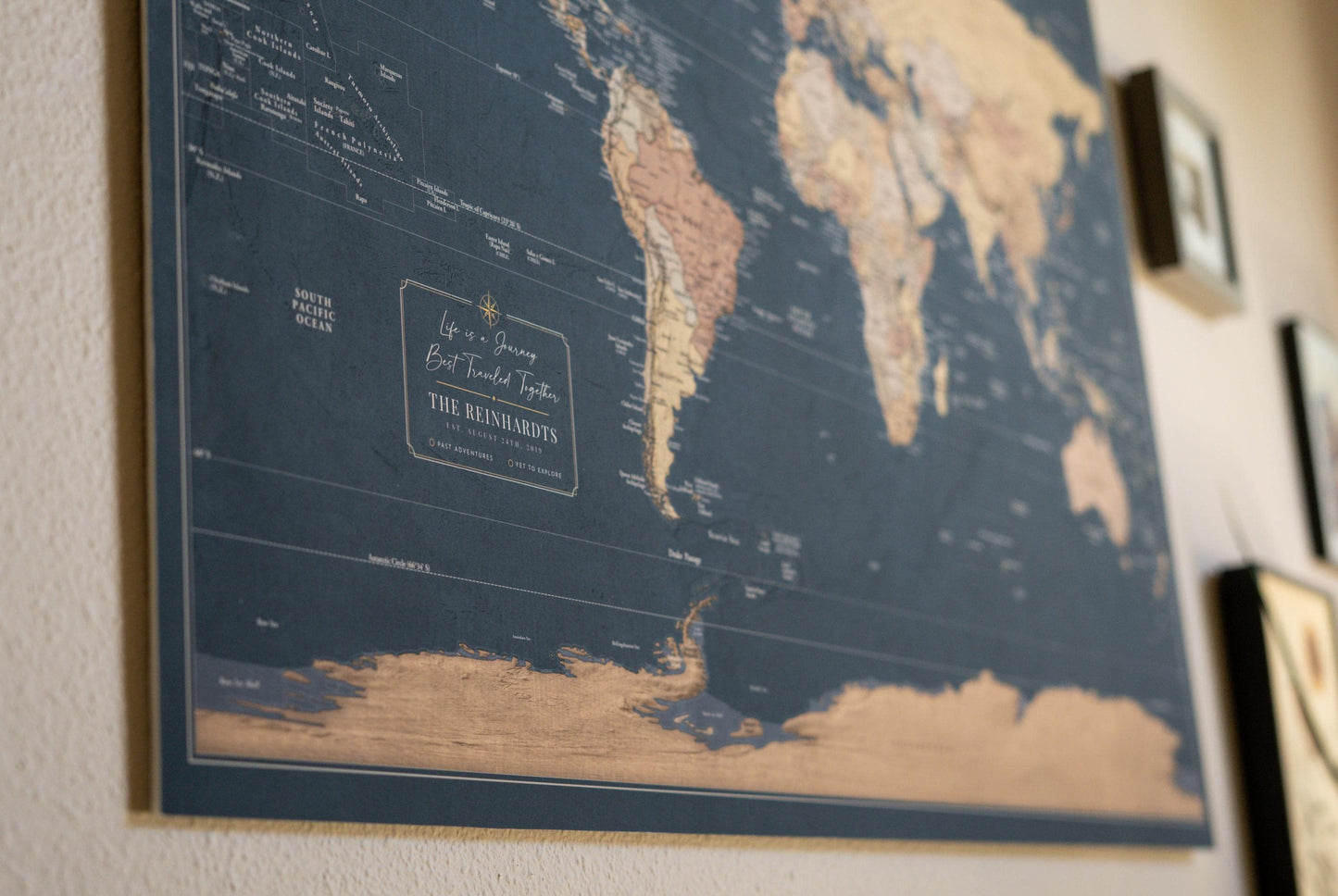 Slated Earth Blue & Gold World Push Pin Map on Premium Canvas - Custom Travel Pinboard with Personalized Legend, Pinnable World Map